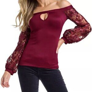 Venus Women's Burgundy Top L Balloon Sleeve Lace Sequin Holiday Christmas Glam
